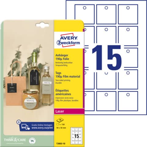 Cartellini micro-perforati Avery ultraresistenti in plastica da 190µ bordi lisci in conf. da 150 pz T3003-10